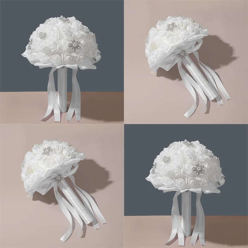 0061 Bride Wedding Holding Flowers Foam Simulation Flower White Rose Bouquet Wedding