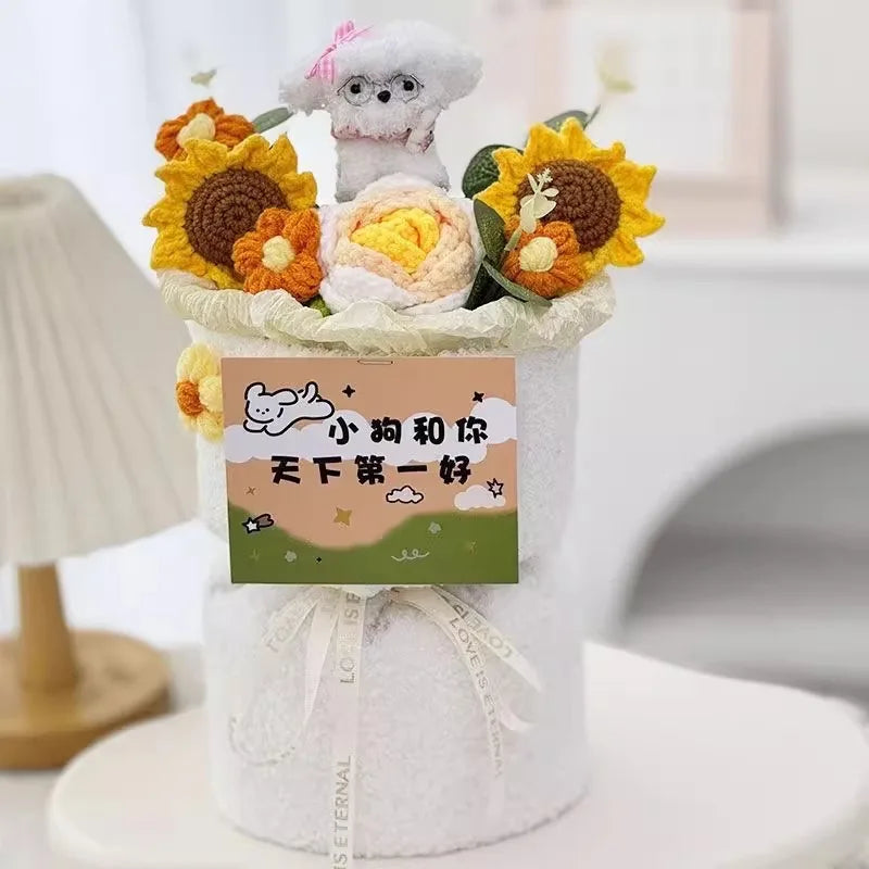 00822 Crochet Flower Bouquet – Handmade Sunflower & Rose Knitted Gift