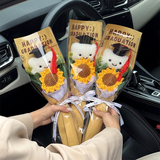0078 Hand-Crocheted Sunflower Graduation Bouquet – Unique Handmade Gift & Party Decoration