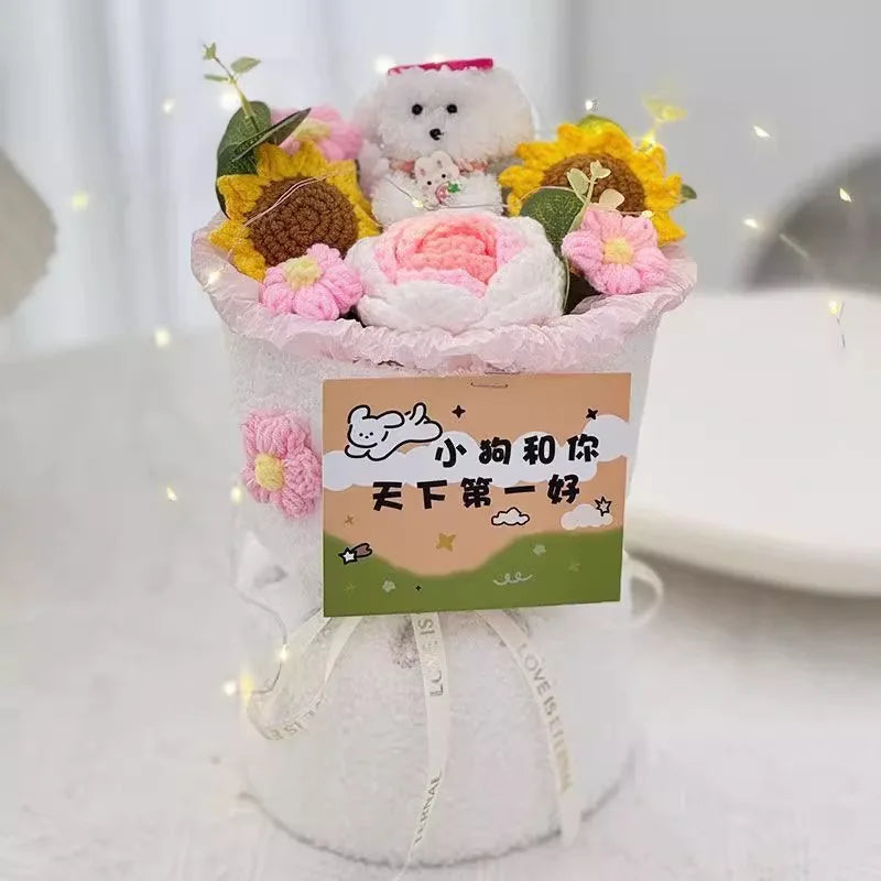 0084 Crochet Flower Bouquet – Handmade Sunflower & Rose Knitted Gift