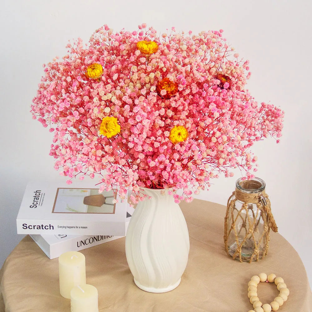 0076 Dried Artificial Flowers Pink Rose Pampas for Wedding Bridal Bouquet Head Table Florals Natural Gypsophila Valentine's Day Gifts