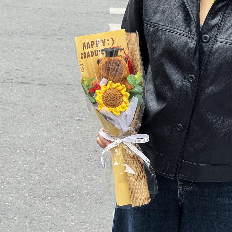 0078 Hand-Crocheted Sunflower Graduation Bouquet – Unique Handmade Gift & Party Decoration