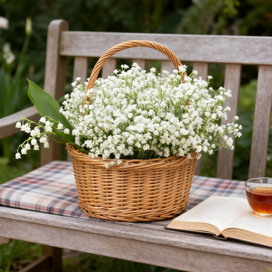 Main product photo  
Rustic wicker basket filled with white baby’s breath flowers on wooden bench

Close-up of flowers  
Delicate baby’s breath blossoms with tiny white clusters and soft stems

Top-down arrangement shot  
Handwoven basket top view showing full baby’s breath bouquet

Lifestyle scene with book and tea  
Cozy outdoor garden scene with wicker flower basket, open book, and tea cup

Detail of basket weave  
Textured handwoven wicker basket rim and natural fibers

Mixed blooms close-up (lily of th