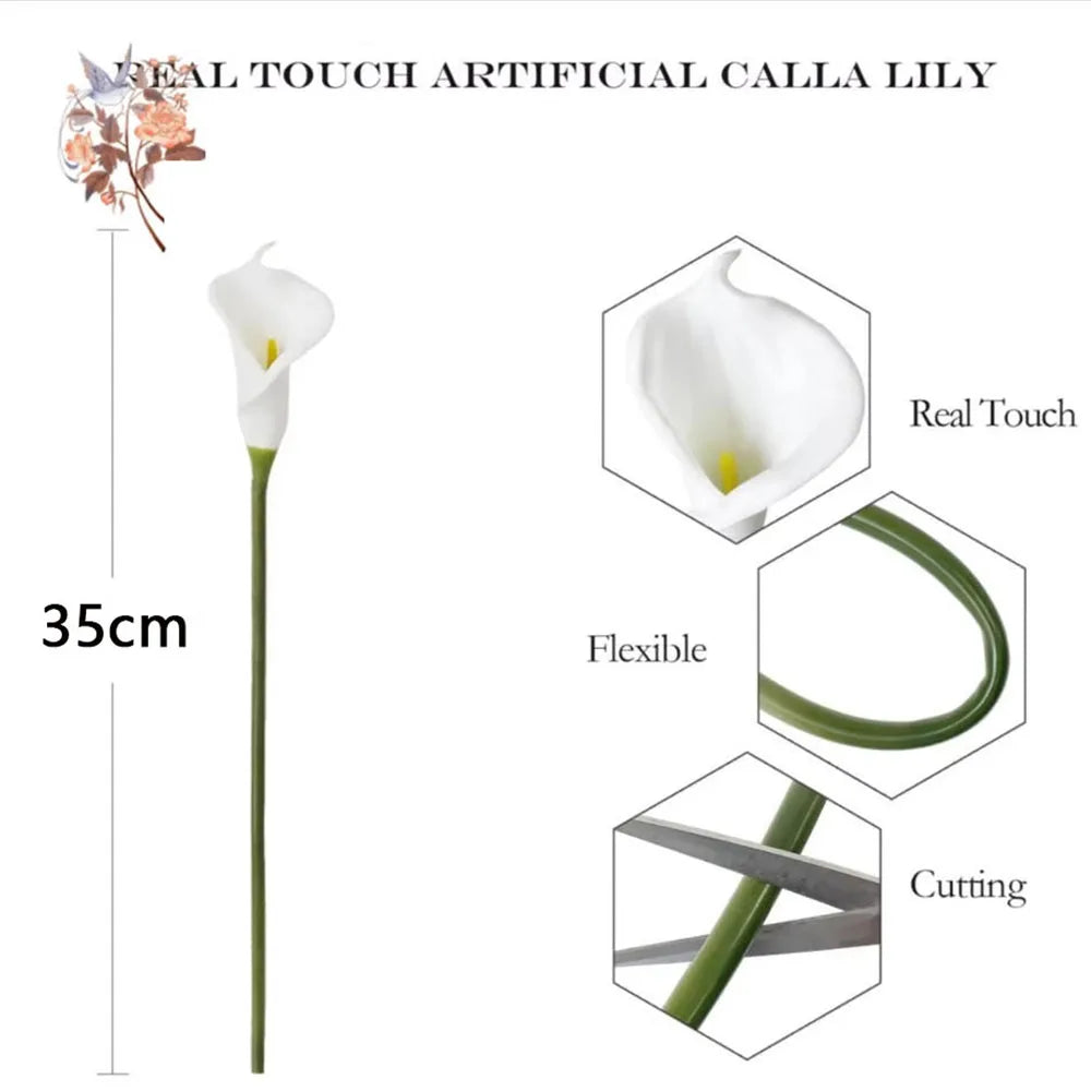 0072 10Pcs White Calla Lily Artificial Flowers for Bridal Wedding Bouquet Real Touch PU Calla Fake Flower Home Bedroom Table Decor