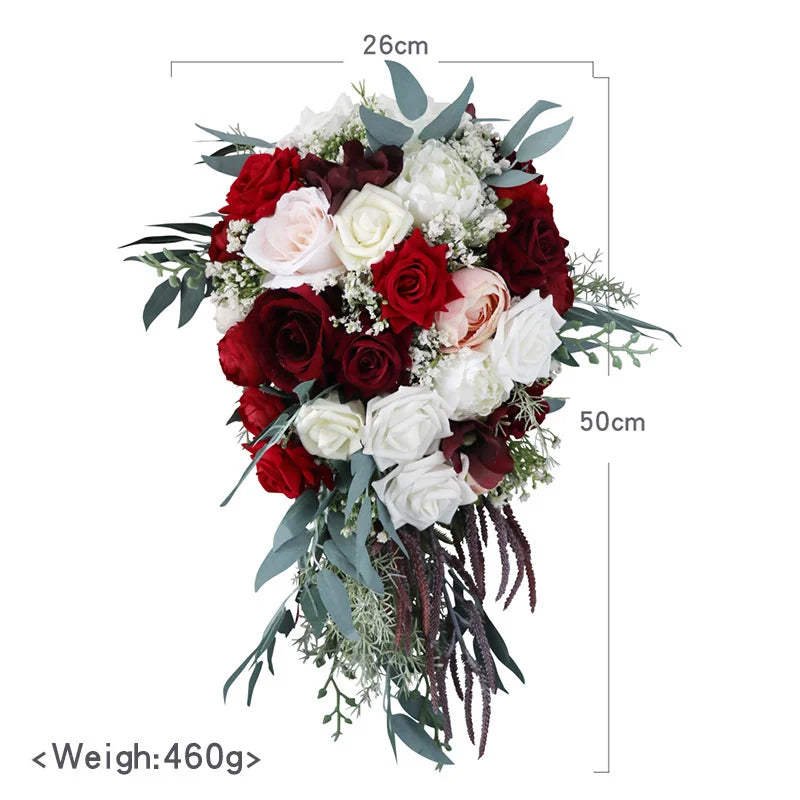 0088 Waterfall Wedding Bridal Bouquet – Hand-Tied European Rose Artificial Flowers for Bridesmaids & Parties