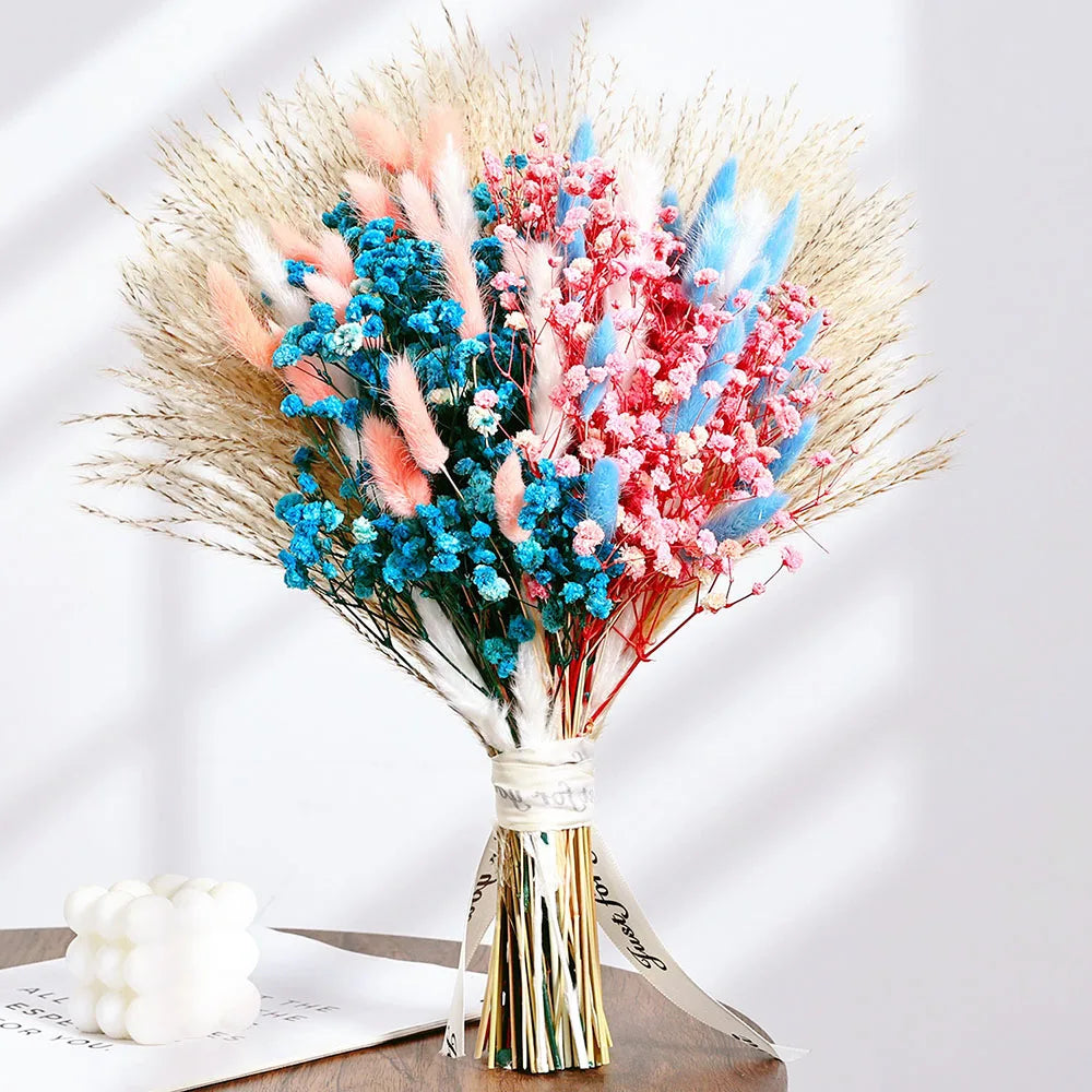 0076 Dried Artificial Flowers Pink Rose Pampas for Wedding Bridal Bouquet Head Table Florals Natural Gypsophila Valentine's Day Gifts
