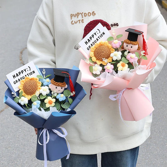 0079 Hand-Crocheted Sunflower Graduation Bouquet – Unique Handmade Gift & Party Decoration