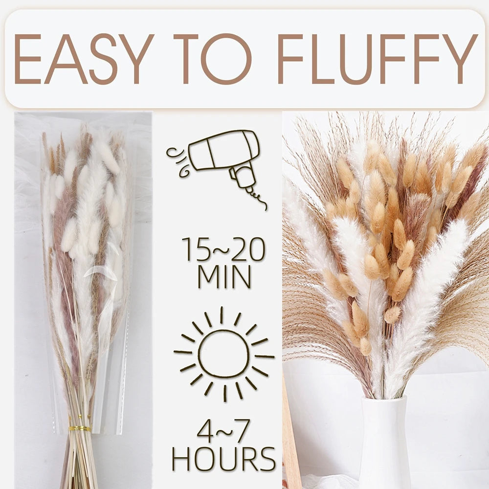 0091 Dried Pampas Grass Bouquet – 80–110 Pcs with Bunny Tails & Reed Grass for Wedding & Boho Décor