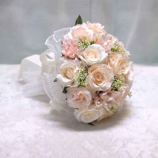 0095 White Rose Wedding Bouquet – Silk Rose, Peony, Dahlia & Orchid Bridal & Bridesmaid Bouquet