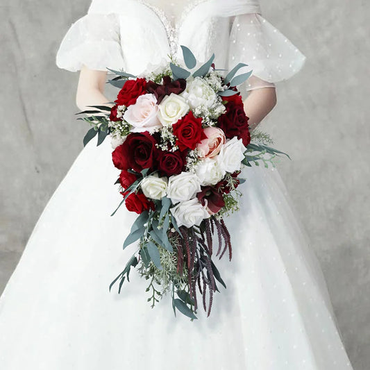 0088 Waterfall Wedding Bridal Bouquet – Hand-Tied European Rose Artificial Flowers for Bridesmaids & Parties