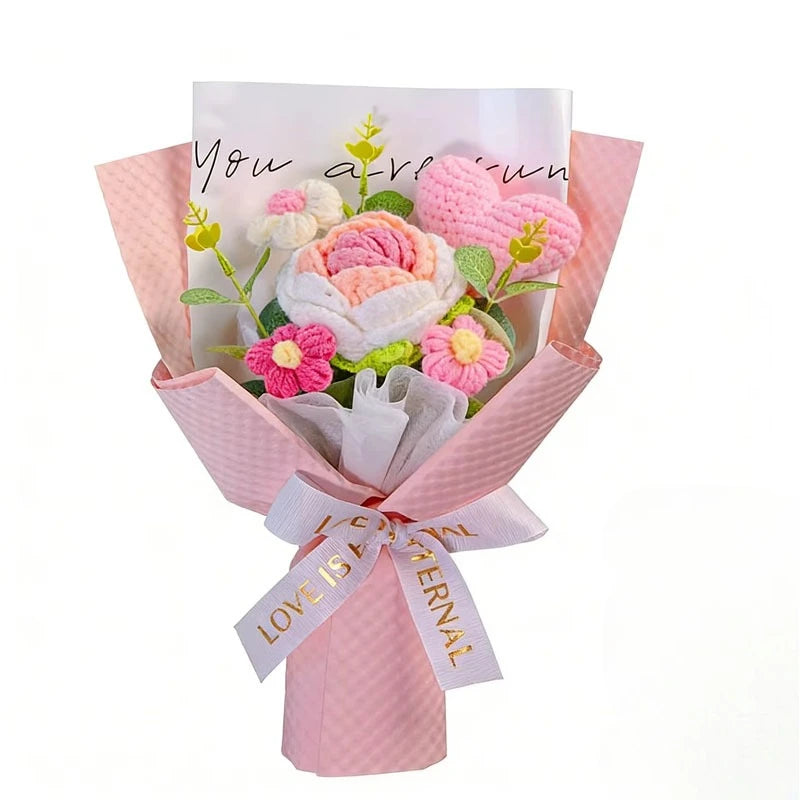 0085 Knitted Rose Bouquet – Heart Crochet Flowers for Mother’s Day & Graduation