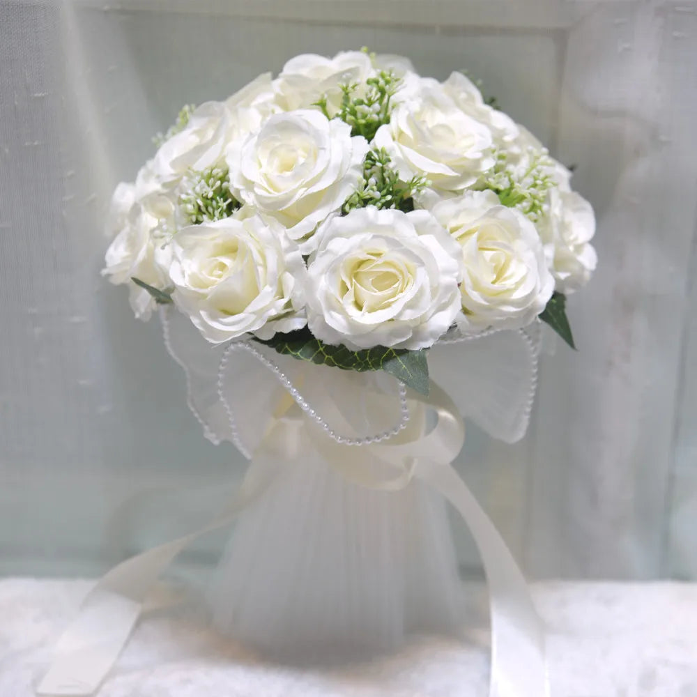 0095 White Rose Wedding Bouquet – Silk Rose, Peony, Dahlia & Orchid Bridal & Bridesmaid Bouquet
