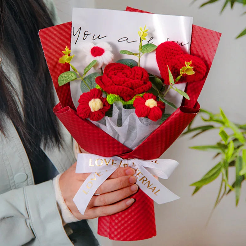 0085 Knitted Rose Bouquet – Heart Crochet Flowers for Mother’s Day & Graduation
