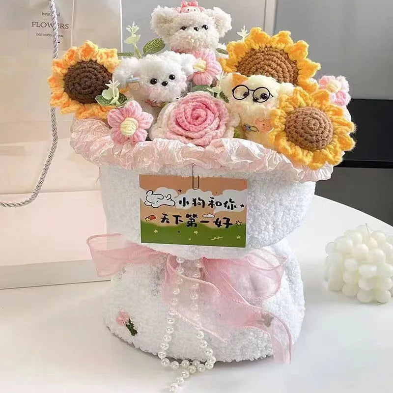 00821 Crochet Flower Bouquet – Handmade Sunflower & Rose Knitted Gift