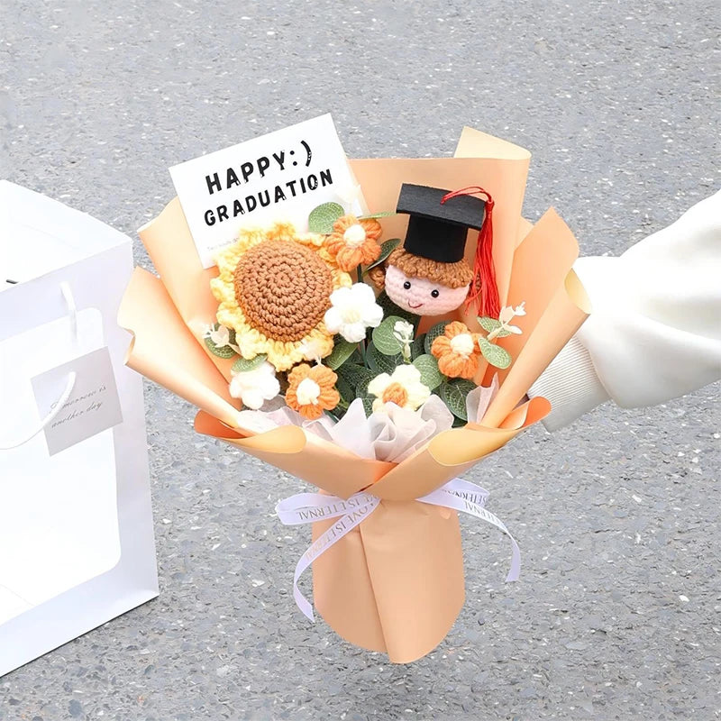 0079 Hand-Crocheted Sunflower Graduation Bouquet – Unique Handmade Gift & Party Decoration