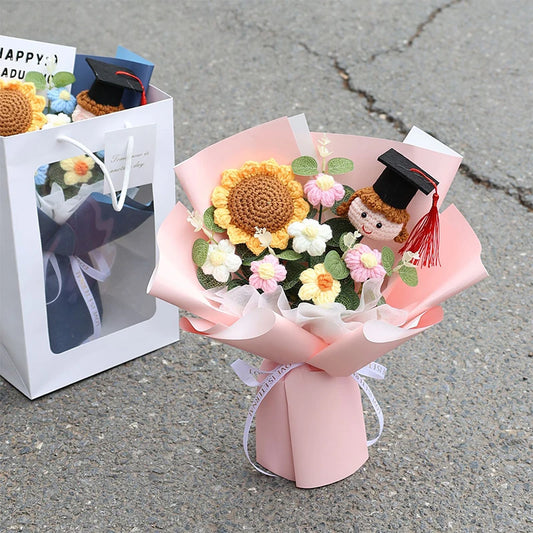 0079 Hand-Crocheted Sunflower Graduation Bouquet – Unique Handmade Gift & Party Decoration