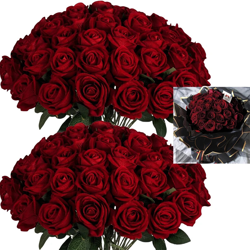 0087 50 Pcs Velvet Artificial Roses – Real Touch Fake Flowers for Wedding, Valentine’s & Home Décor