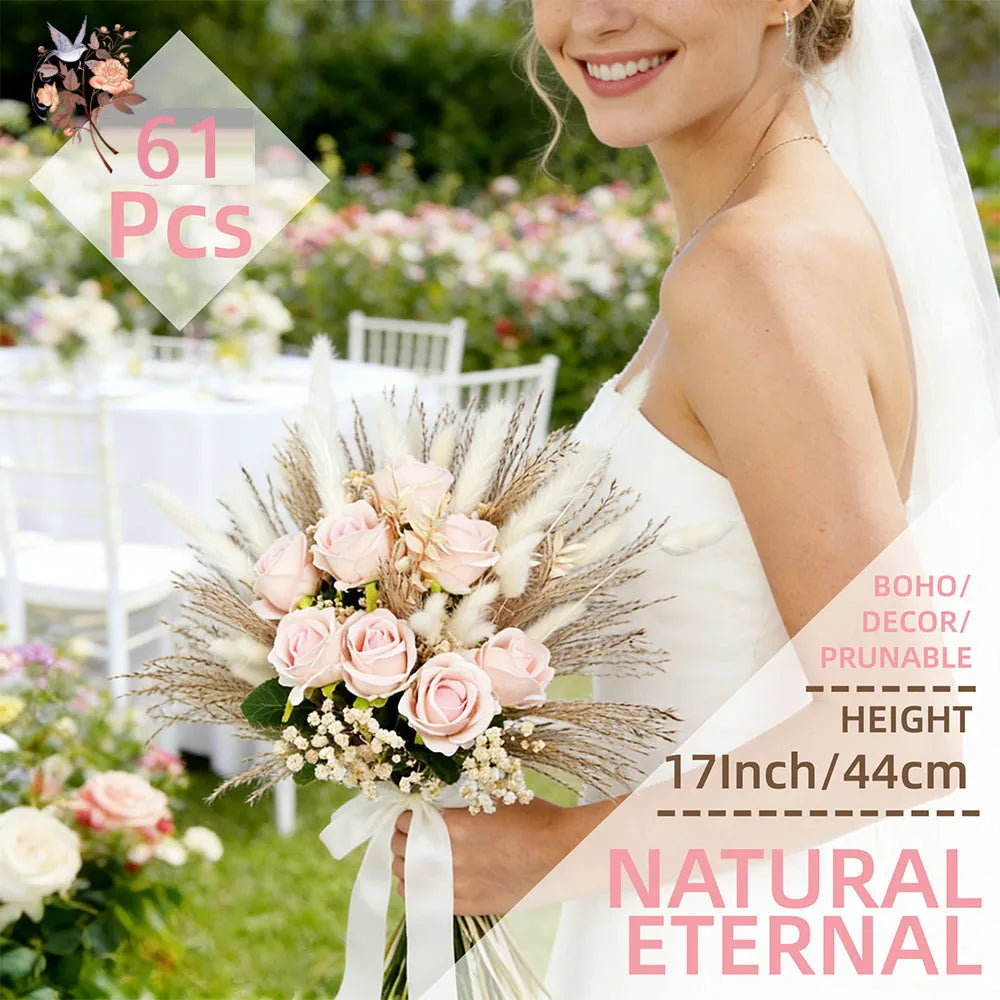 0076 Dried Artificial Flowers Pink Rose Pampas for Wedding Bridal Bouquet Head Table Florals Natural Gypsophila Valentine's Day Gifts