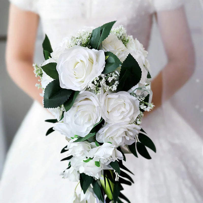 0088 Waterfall Wedding Bridal Bouquet – Hand-Tied European Rose Artificial Flowers for Bridesmaids & Parties