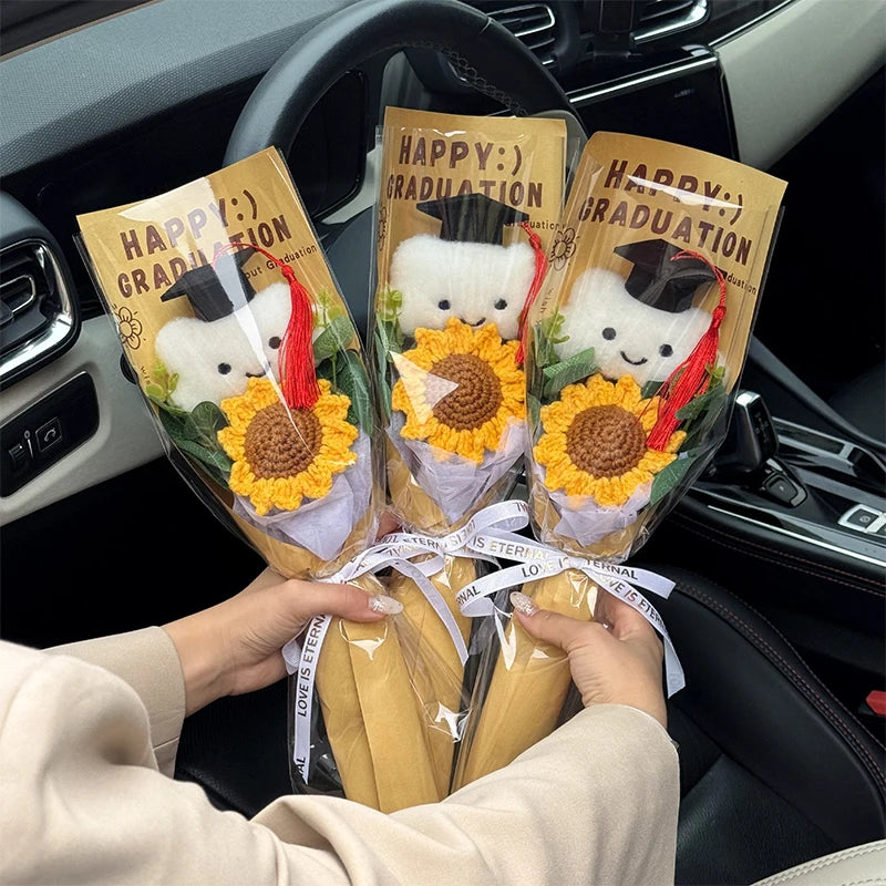0078 Hand-Crocheted Sunflower Graduation Bouquet – Unique Handmade Gift & Party Decoration