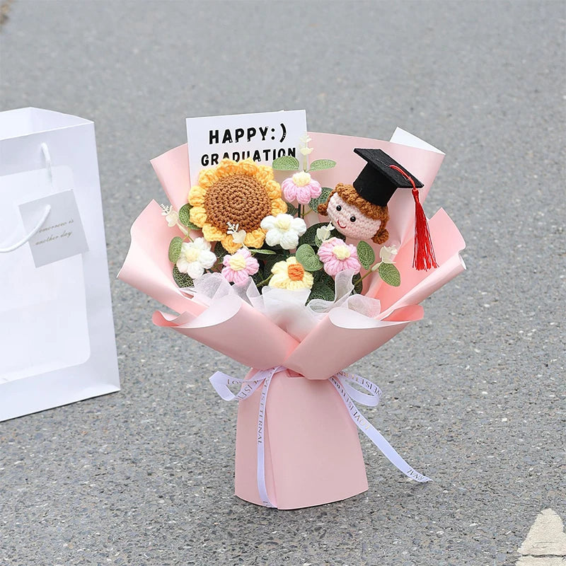 0079 Hand-Crocheted Sunflower Graduation Bouquet – Unique Handmade Gift & Party Decoration