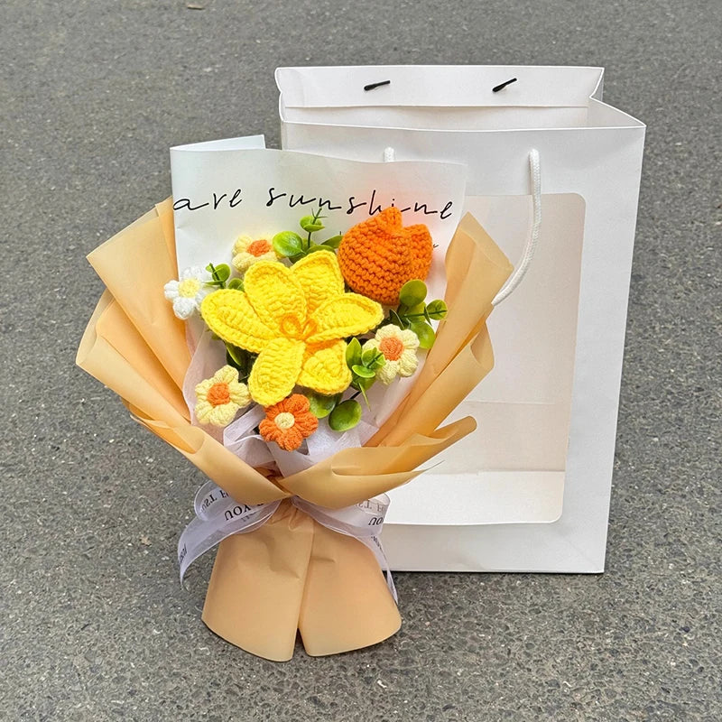 00821 Crochet Flower Bouquet – Handmade Sunflower & Rose Knitted Gift
