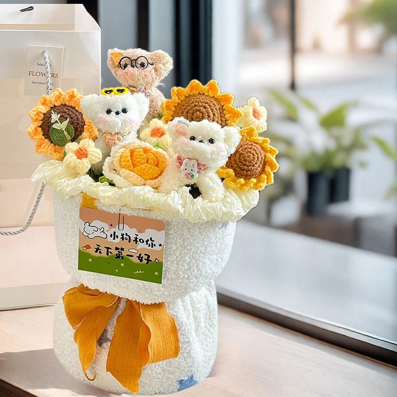 0083 Crochet Flower Bouquet – Handmade Sunflower & Rose Knitted Gift