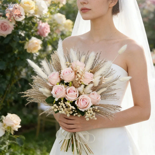 0076 Dried Artificial Flowers Pink Rose Pampas for Wedding Bridal Bouquet Head Table Florals Natural Gypsophila Valentine's Day Gifts