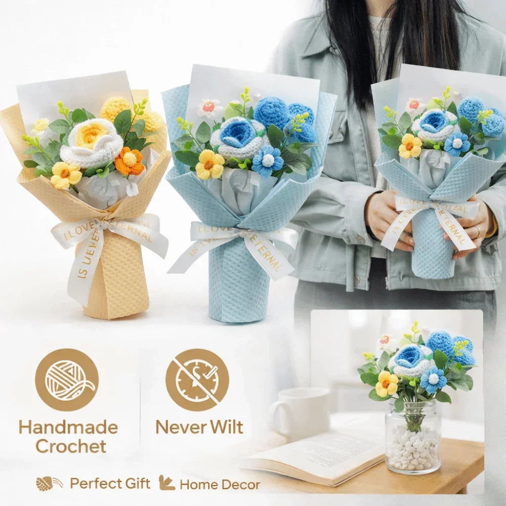0085 Knitted Rose Bouquet – Heart Crochet Flowers for Mother’s Day & Graduation