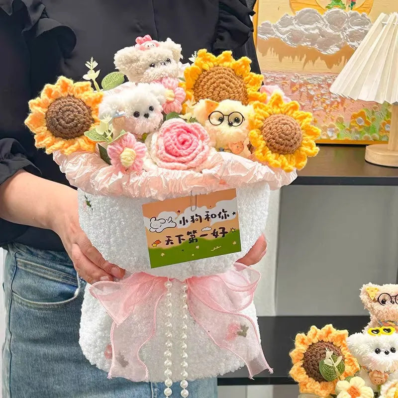 0083 Crochet Flower Bouquet – Handmade Sunflower & Rose Knitted Gift