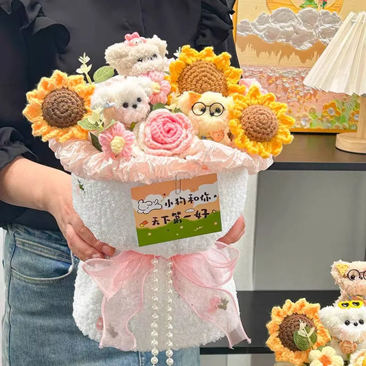 0084 Crochet Flower Bouquet – Handmade Sunflower & Rose Knitted Gift