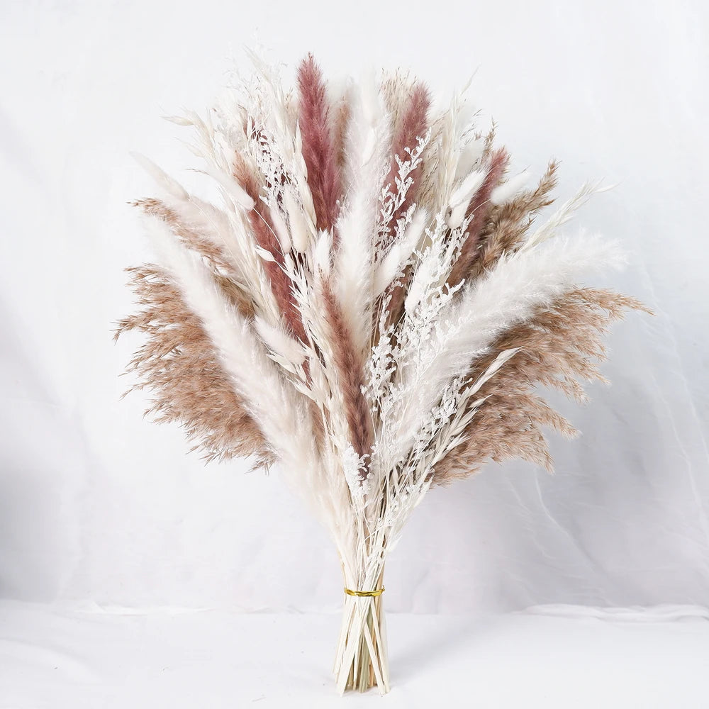 0091 Dried Pampas Grass Bouquet – 80–110 Pcs with Bunny Tails & Reed Grass for Wedding & Boho Décor