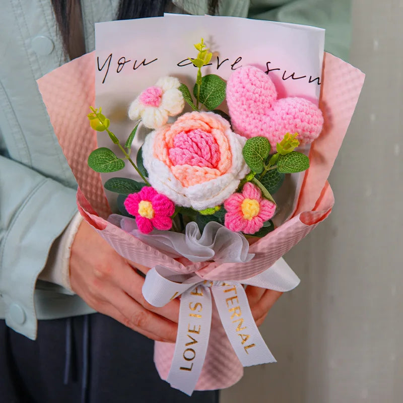 0085 Knitted Rose Bouquet – Heart Crochet Flowers for Mother’s Day & Graduation