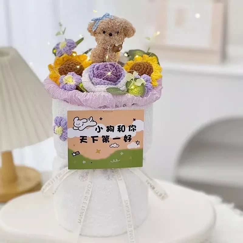 00821 Crochet Flower Bouquet – Handmade Sunflower & Rose Knitted Gift