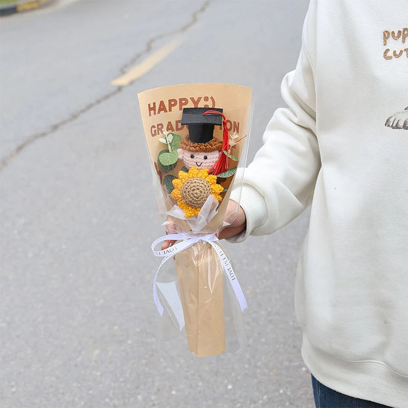 0078 Hand-Crocheted Sunflower Graduation Bouquet – Unique Handmade Gift & Party Decoration