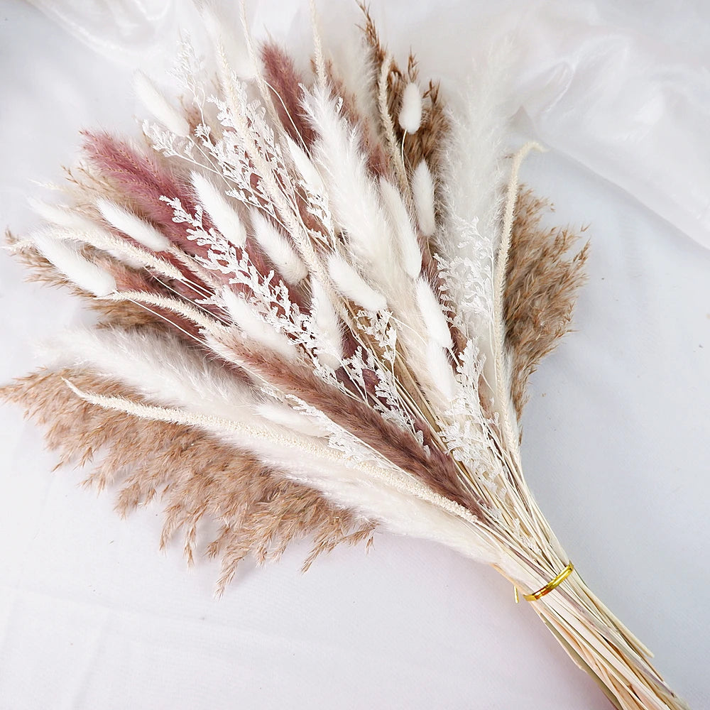 0091 Dried Pampas Grass Bouquet – 80–110 Pcs with Bunny Tails & Reed Grass for Wedding & Boho Décor