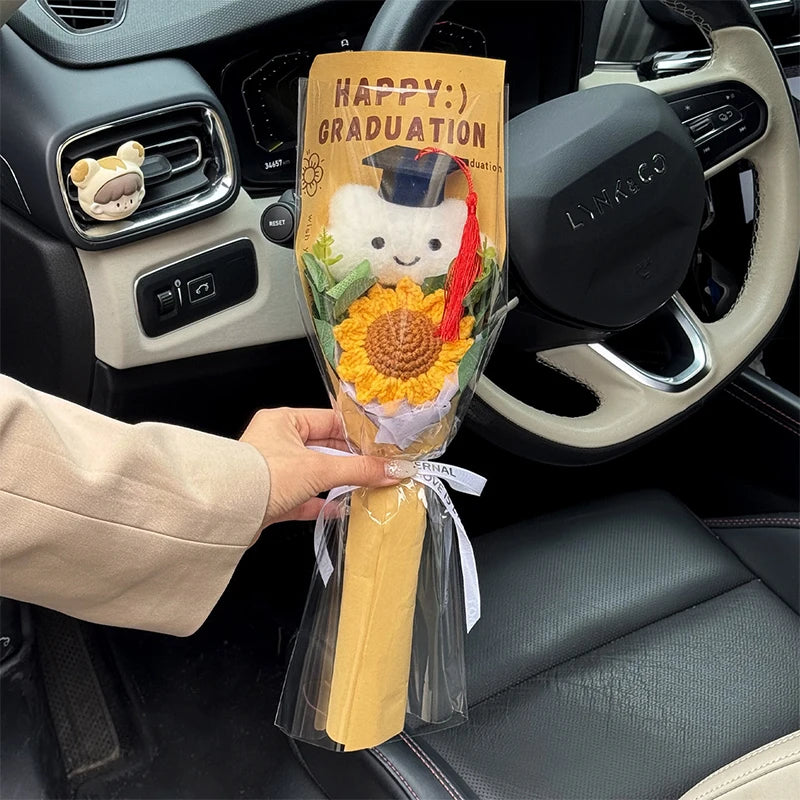 0078 Hand-Crocheted Sunflower Graduation Bouquet – Unique Handmade Gift & Party Decoration