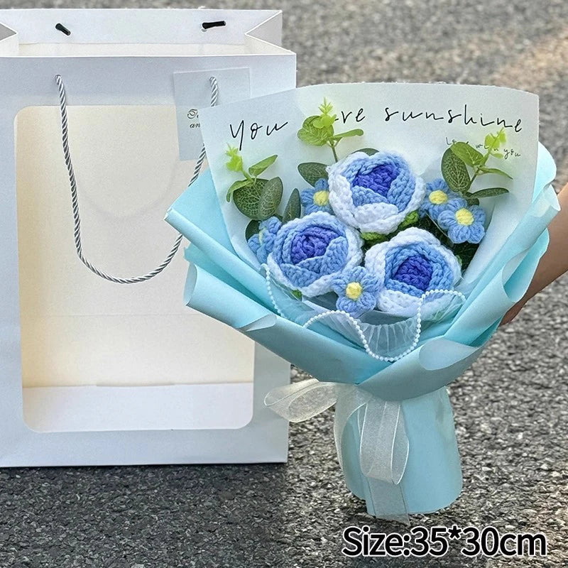 00821 Crochet Flower Bouquet – Handmade Sunflower & Rose Knitted Gift