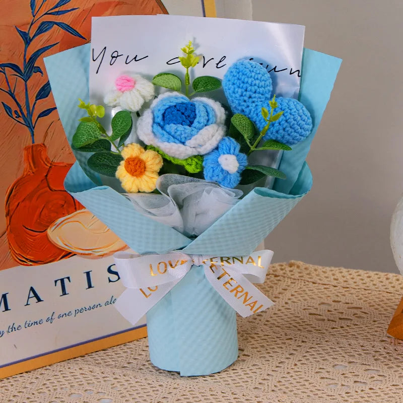 0085 Knitted Rose Bouquet – Heart Crochet Flowers for Mother’s Day & Graduation