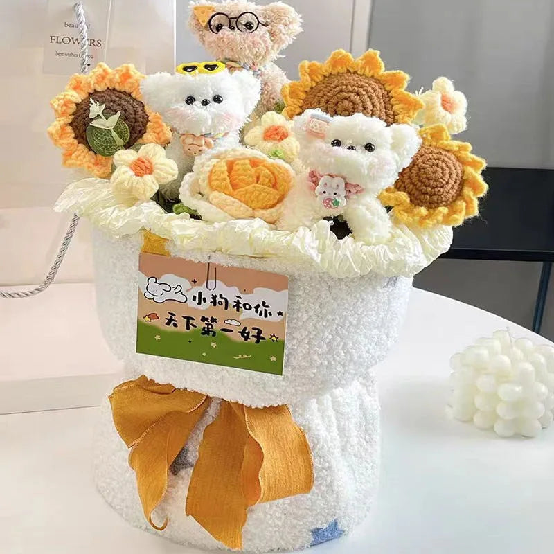 00821 Crochet Flower Bouquet – Handmade Sunflower & Rose Knitted Gift