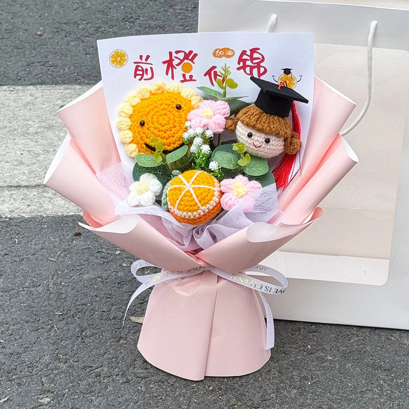 0079 Hand-Crocheted Sunflower Graduation Bouquet – Unique Handmade Gift & Party Decoration