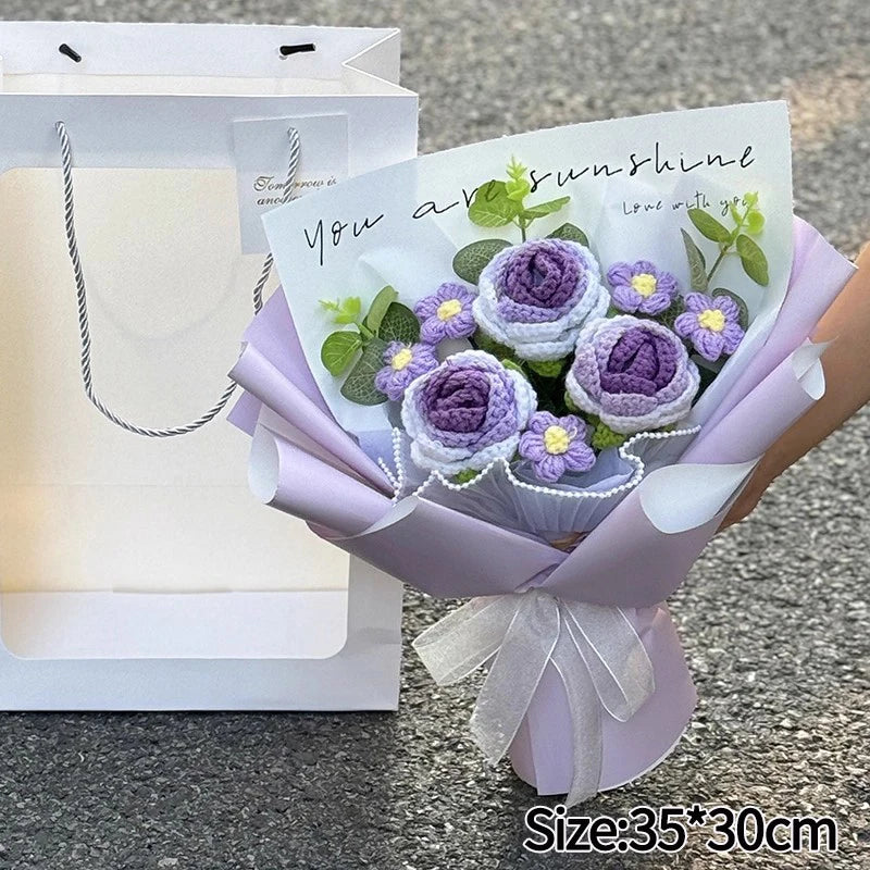 00821 Crochet Flower Bouquet – Handmade Sunflower & Rose Knitted Gift