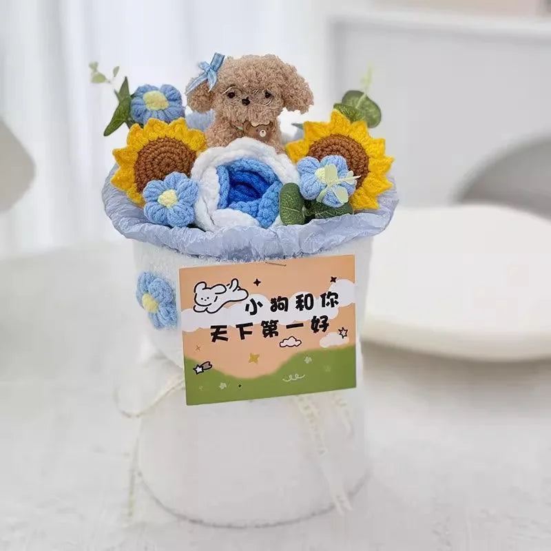 00821 Crochet Flower Bouquet – Handmade Sunflower & Rose Knitted Gift