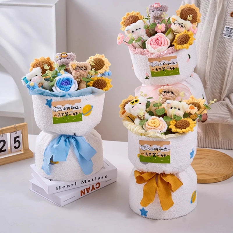 0083 Crochet Flower Bouquet – Handmade Sunflower & Rose Knitted Gift