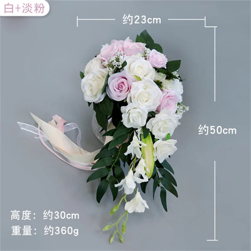 0088 Waterfall Wedding Bridal Bouquet – Hand-Tied European Rose Artificial Flowers for Bridesmaids & Parties