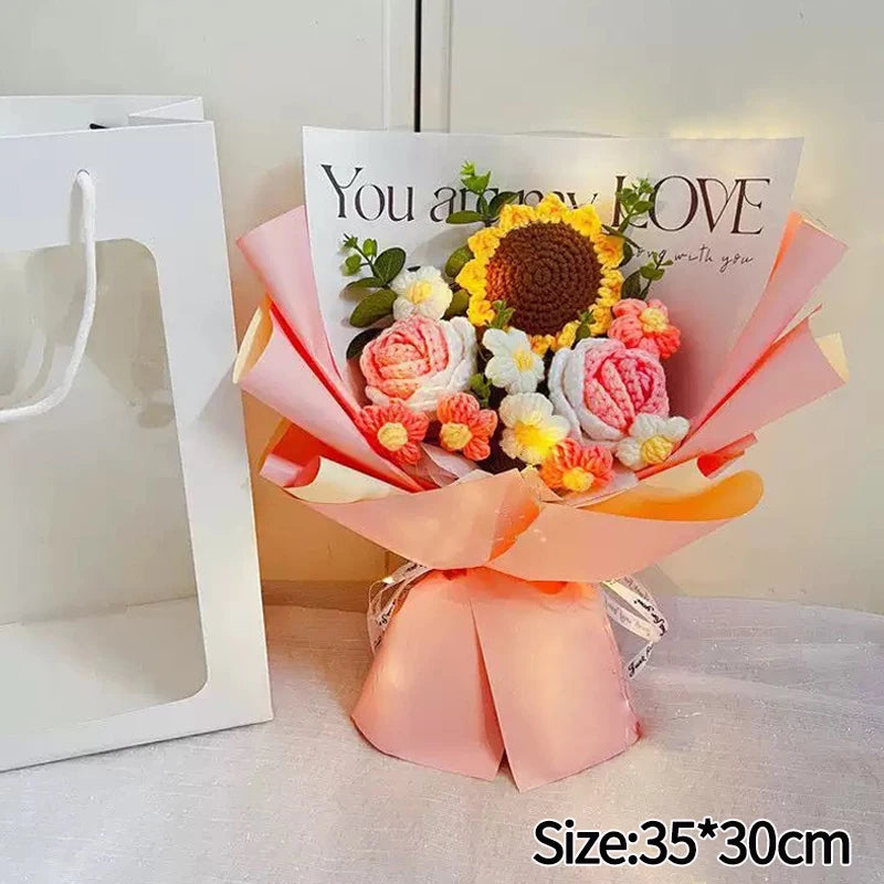 00821 Crochet Flower Bouquet – Handmade Sunflower & Rose Knitted Gift