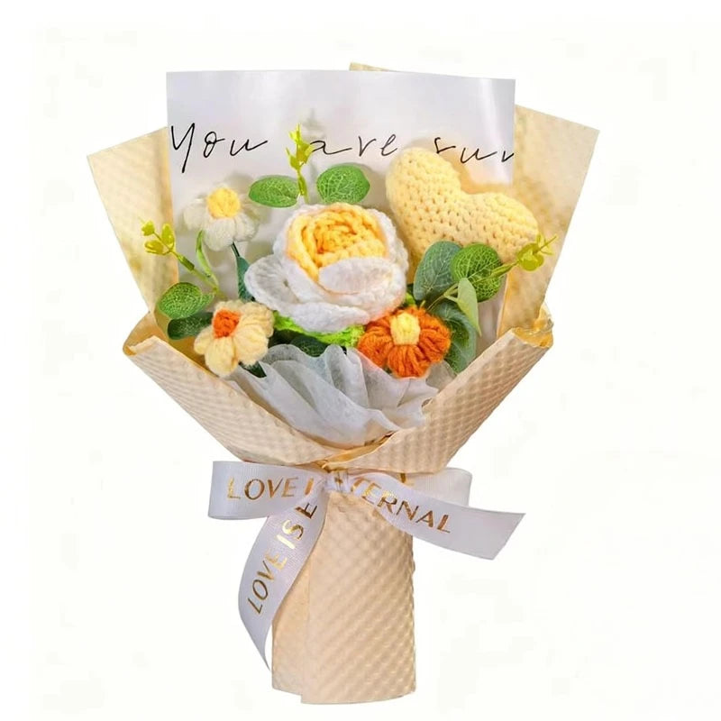 0085 Knitted Rose Bouquet – Heart Crochet Flowers for Mother’s Day & Graduation