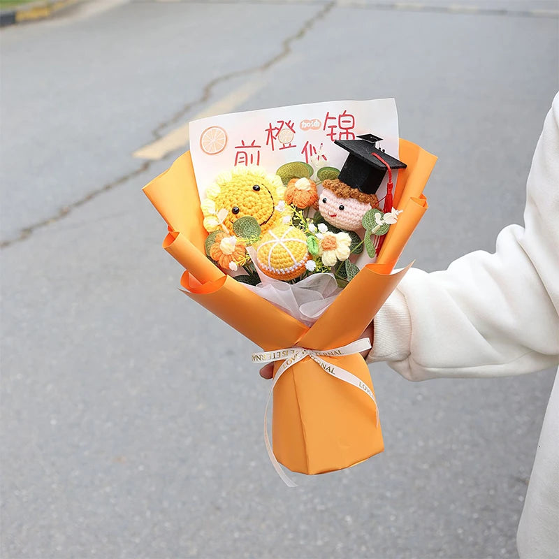 0079 Hand-Crocheted Sunflower Graduation Bouquet – Unique Handmade Gift & Party Decoration