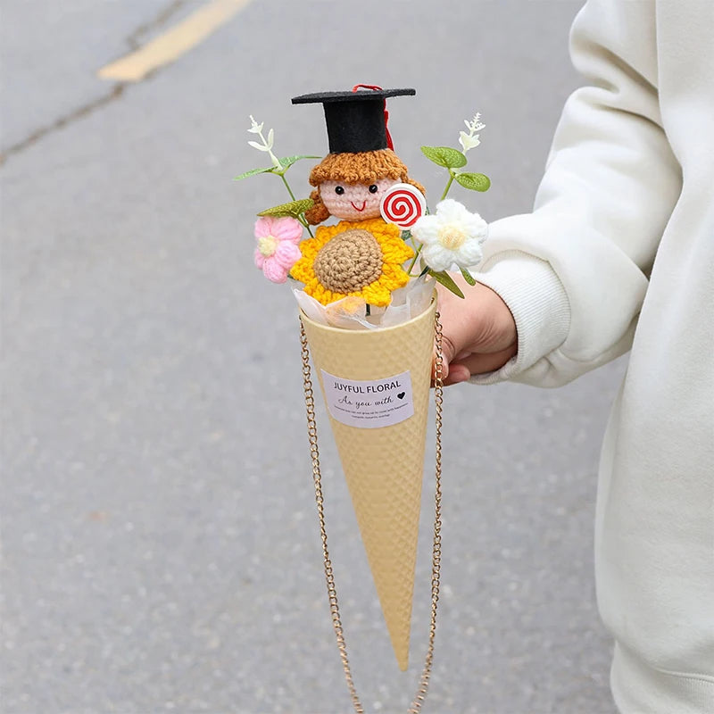 0078 Hand-Crocheted Sunflower Graduation Bouquet – Unique Handmade Gift & Party Decoration