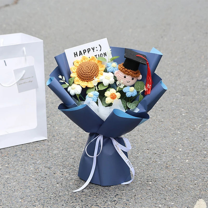 0079 Hand-Crocheted Sunflower Graduation Bouquet – Unique Handmade Gift & Party Decoration
